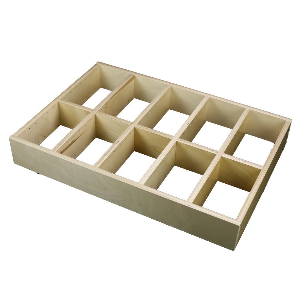 5 Section Adjustable Divider (up to 15 cubicles) organizer insert. Interior Drawer Dimension Range: Width 24 1/16" to 36", Depth 16 1/16" to 21", Height 2" to 6".