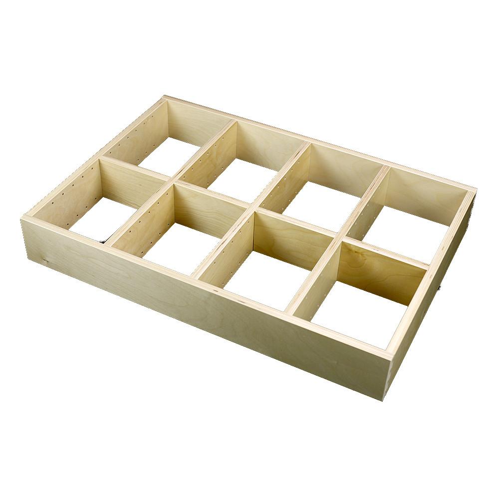 4 Section Adjustable Divider (up to 12 cubicles) organizer insert. Interior Drawer Dimension Range: Width 24 1/16" to 36', Depth 16 1/6" to 21", Height 2" to 6".