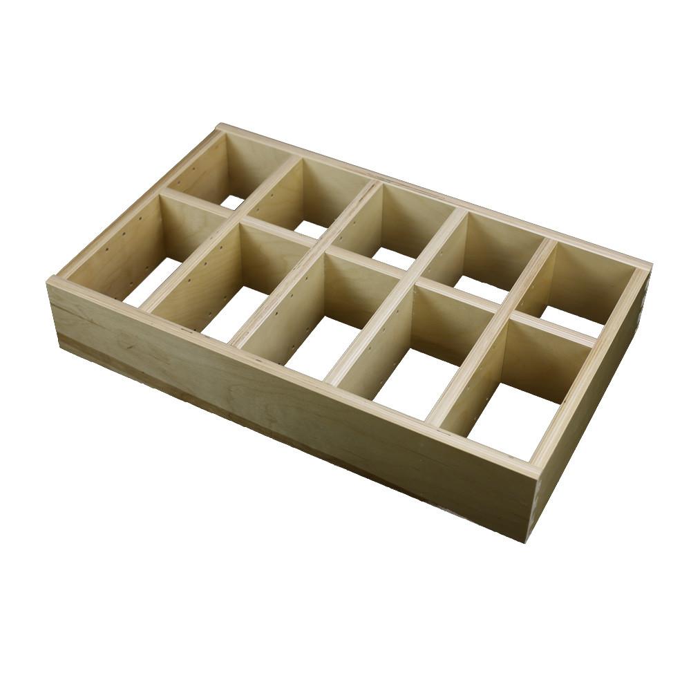 5 Section Adjustable Divider (up to 15 cubicles) organizer insert. Interior Drawer Dimension Range: Width 12" to 24', Depth 8" to 16", Height 2" to 6".