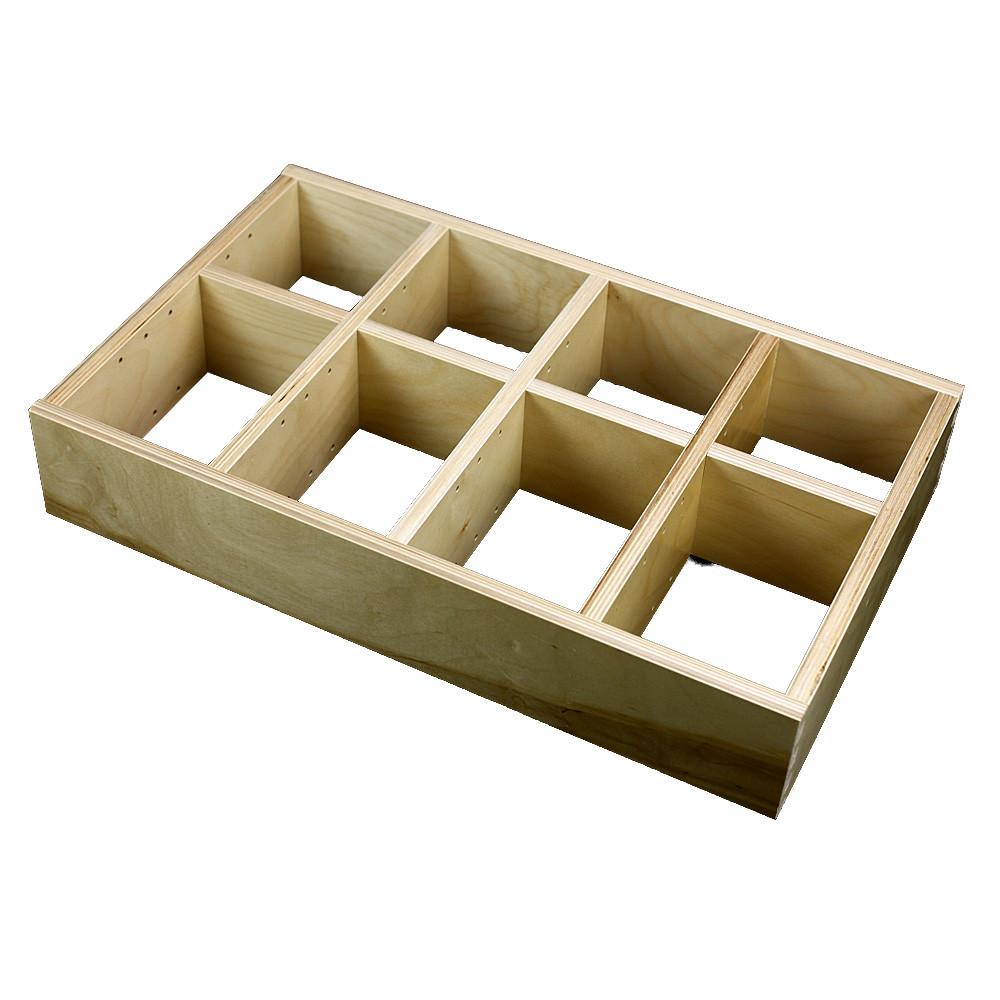 4 Section Adjustable Divider (up to 12 cubicles) organizer insert. Interior Drawer Dimension Range: Width 24 1/16" to 36", Depth 8" to 16", Height 2" to 6".