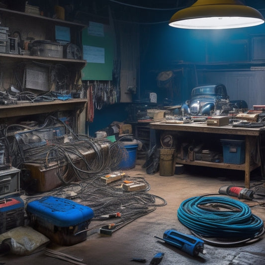 A cluttered, dimly lit garage workspace with a 1999 X308 Jaguar's engine compartment exposed, surrounded by scattered wiring diagrams, tools, and tangled electrical wires.