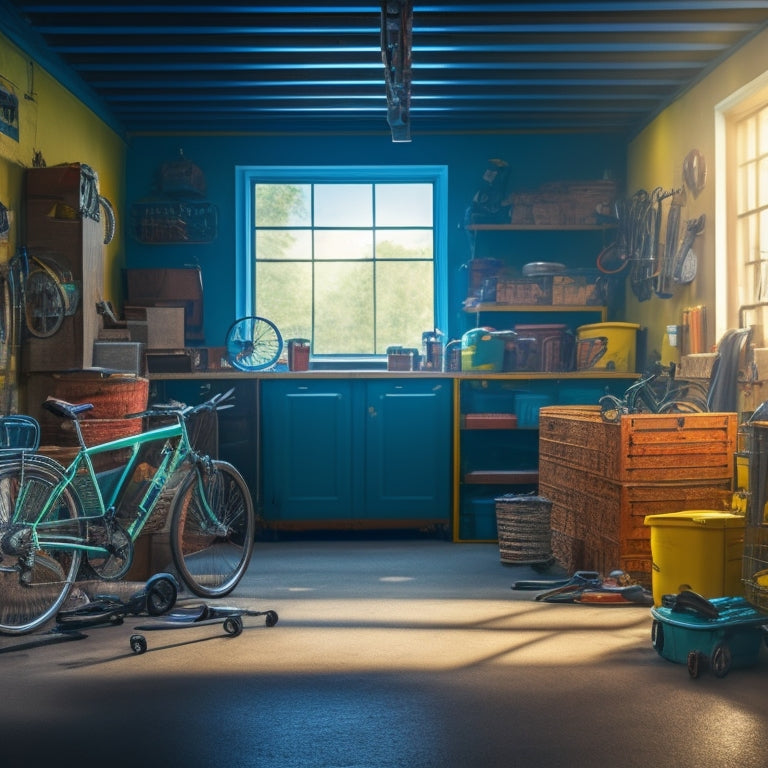 A cluttered garage interior with tools scattered on the floor, bicycles leaning against the walls, and boxes stacked haphazardly, with a single, open door in the background, casting a beam of light.