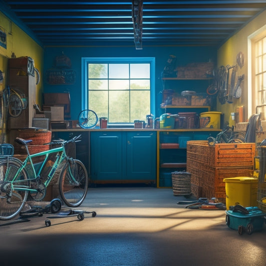 A cluttered garage interior with tools scattered on the floor, bicycles leaning against the walls, and boxes stacked haphazardly, with a single, open door in the background, casting a beam of light.