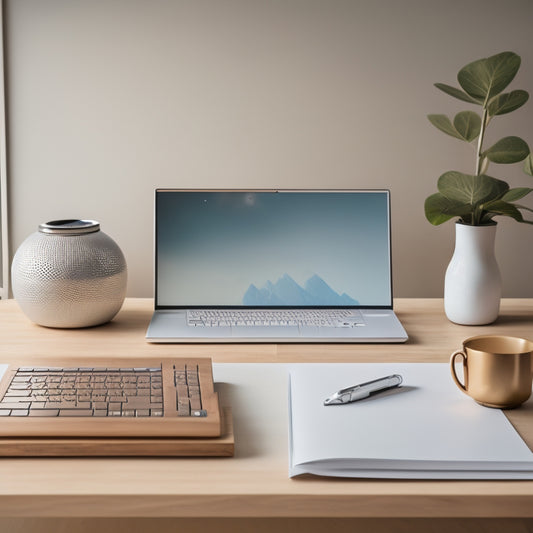 A serene, minimalist workspace with a wooden desk, a single laptop, and a few carefully placed office supplies in a sleek, silver organizer, surrounded by a subtle, natural background.