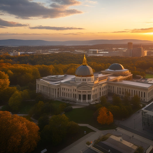 A majestic aerial view of Albany's cityscape at dawn, with the Capitol Building's grand dome centered, surrounded by lush greenery and bustling streets, conveying a sense of civic pride and progress.