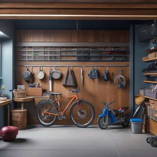 A well-organized garage interior with a slatwall, baskets, and bins, featuring a sleek motorcycle and a few bicycles, with a few tools and accessories neatly hung on the wall.