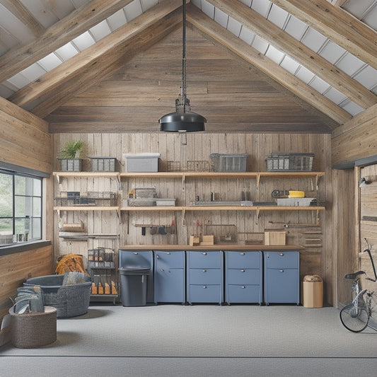 An organized garage with a rustic wooden ceiling featuring a custom-built storage system with retractable bins, hooks, and a sliding ladder, surrounded by sleek metal beams and warm industrial lighting.
