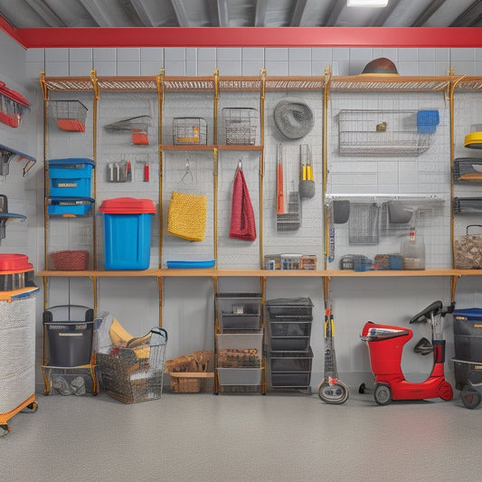 A well-organized garage with a slatwall featuring hooks, bins, and baskets, a pegboard with tools, a shelving unit with labeled containers, and a floor with a sleek epoxy finish.