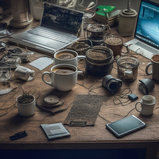 A messy desk with scattered computer parts, tangled cables, and a few broken hard drives, surrounded by empty coffee cups and crumpled up notes, with a single, working laptop in the center.