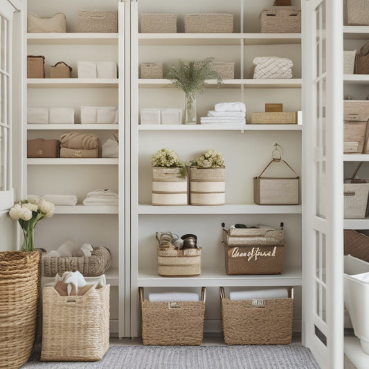 A serene, organized closet with labeled bins, woven baskets, and transparent containers storing seasonal decorations, surrounded by soft, natural light and a few neatly hung garlands.
