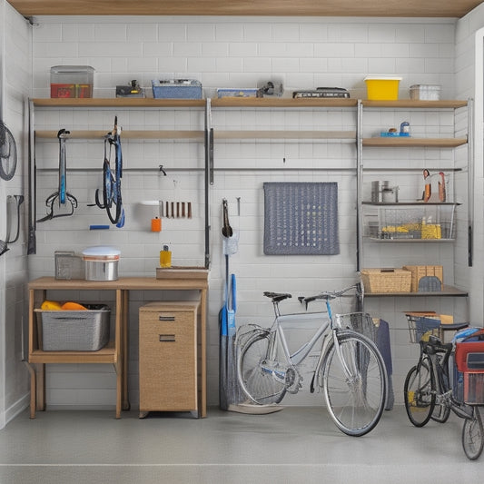 A clutter-free garage with a sleek, silver Pegboard covering one wall, adorned with neatly hung bicycles, tools, and accessories, surrounded by labeled storage bins and a compact, modern workbench.