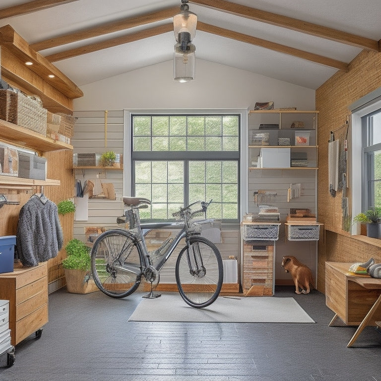 A clutter-free garage converted into a home office with a wooden desk, ergonomic chair, and floor-to-ceiling storage units holding bins, baskets, and shelves, surrounded by a pegboard and a bike hanging from the ceiling.