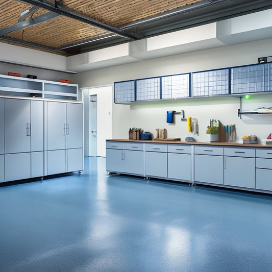 A modern garage with sleek, gray epoxy-coated flooring, featuring a row of tall, white, modular office cabinets with sliding doors and stainless steel handles, surrounded by a workbench and tools.