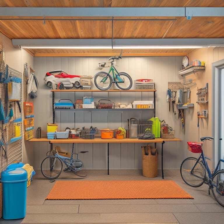 A clutter-free, well-lit small garage with a slanted pegboard, hooks, and bins, a foldable workbench, and a ceiling-mounted bike rack, surrounded by a few well-placed tools and a small sports car.