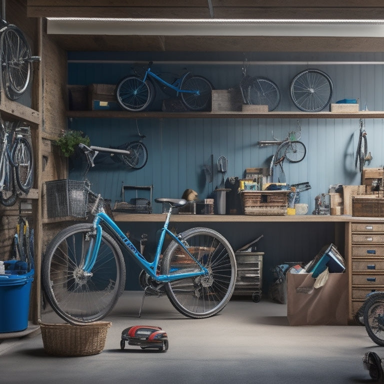 A cluttered garage with scattered tools, bicycles, and boxes, contrasted with a tidy, organized garage featuring a sleek, overhead storage system with bins, hooks, and a ladder, bathed in soft, natural light.