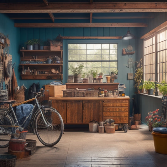 A clutter-free, well-lit garage with a wooden workbench, pegboard, and assorted tools, surrounded by a vintage car, bicycles, and a few potted plants, with a large, sliding glass door in the background.