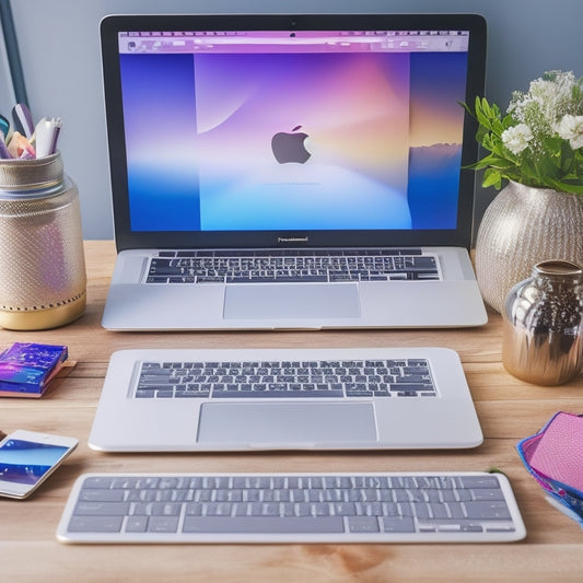 A sleek, silver MacBook Air with a partially opened lid, surrounded by various colorful laptop skins, stickers, and accessories, on a minimalist, light-wood desk against a soft, white background.