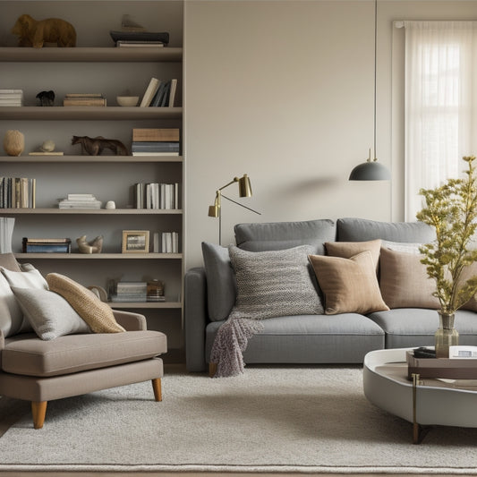 A serene, decluttered living room with a minimalist sectional sofa, a few carefully placed throw pillows, and a floor-to-ceiling bookshelf with neatly aligned books and decorative objects.