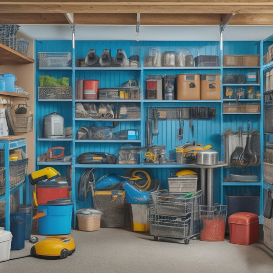 A cluttered garage with scattered lawn equipment, tools, and storage bins in disarray, contrasted with a tidy section featuring organized shelves, hooks, and labeled containers, showcasing a sense of control and order.