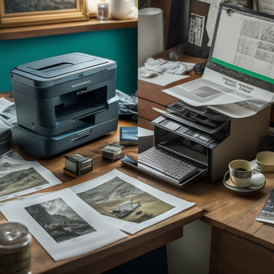A split-screen image with a messy, cluttered desk on one side, surrounded by crumpled paper and empty ink cartridges, and a tidy, organized workspace on the other, with a printer efficiently producing double-sided prints.