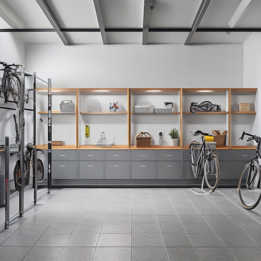 A bright, modern garage interior with sleek, gray cabinets, chrome handles, and a slatwall adorned with neatly hung bikes, tools, and storage bins, illuminated by soft, natural light.