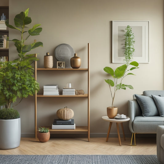 A serene, minimalist home interior with a few, carefully placed possessions, featuring a tidy living room with a single, potted plant on a sleek coffee table, and a few stacked books on a wall shelf.