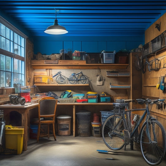A cluttered garage interior with bicycles, tools, and storage bins scattered chaotically, a single spotlight shining on a clear, organized corner with a few neatly arranged boxes and a tidy workbench.