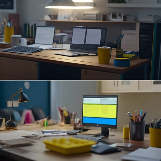 A split-screen image featuring a dull, monotonous office desk with a single, repetitive task on the screen on one side, and a vibrant, clutter-free workspace with various tasks and colorful post-it notes on the other.