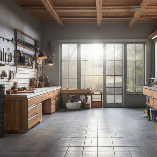 A serene garage interior with a sleek, organized workbench, a few well-placed tools, and a polished floor, surrounded by natural light pouring in through a large window.
