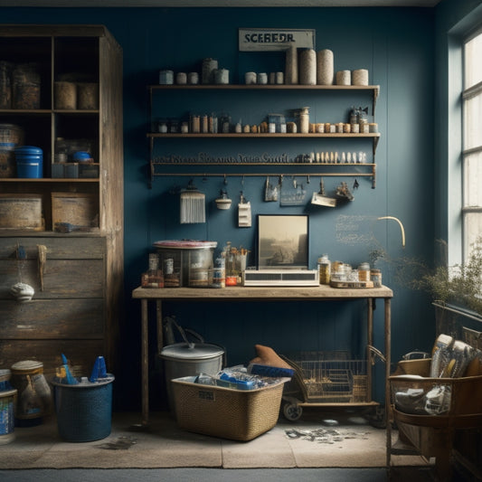 A tidy, well-lit studio with a pegboard adorning the wall, holding an assortment of paintbrushes, rollers, and trays, alongside a nearby cart with neatly stacked paint cans and a small, labeled drawer.
