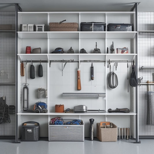 A modern, sleek, and spacious garage with a large, silver, multi-tiered wall storage rack, holding various tools, sports equipment, and storage bins, against a light gray background.