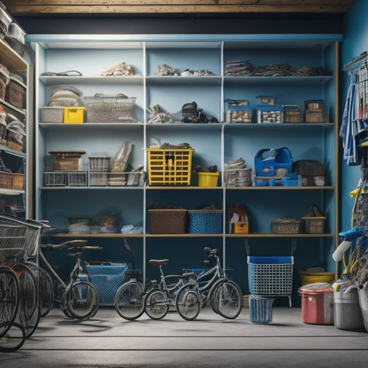 A cluttered garage with strollers, high chairs, and baby equipment stacked on shelves, hung on walls, and neatly organized in labeled bins and containers, surrounded by bicycles and tools.