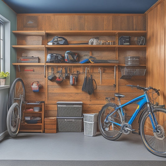 A clutter-free garage with a slatted wall organizer, bins, and baskets in a compact arrangement, surrounded by a few well-placed tools and a sleek, silver sports bike in the background.