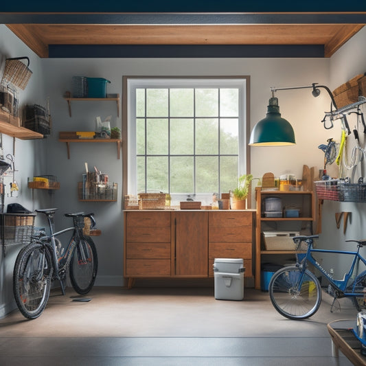 A clutter-free garage with organized bins and shelves, a sleek workbench, a pegboard with tools, and a few bicycles and storage containers, all illuminated by natural light pouring in through a window.