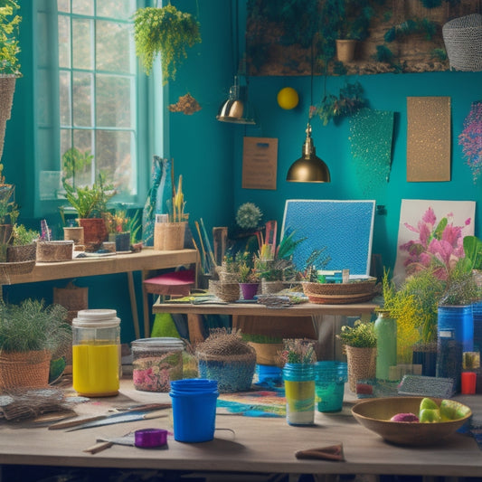 A vibrant, colorful workspace with scattered craft supplies, half-finished DIY projects, and a few joyful splatters of paint, surrounded by lush greenery and warm, golden lighting.