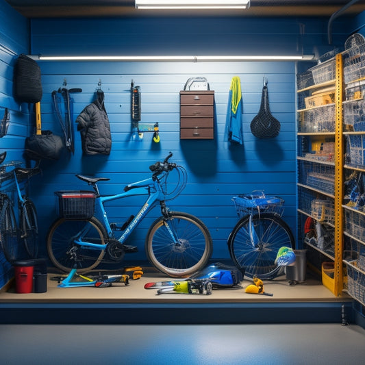 A cluttered garage transforming into an organized space: tools on pegboards, bicycles on wall-mounted hooks, and sports equipment in labeled bins, with a sleek epoxy-coated floor and bright LED lighting.