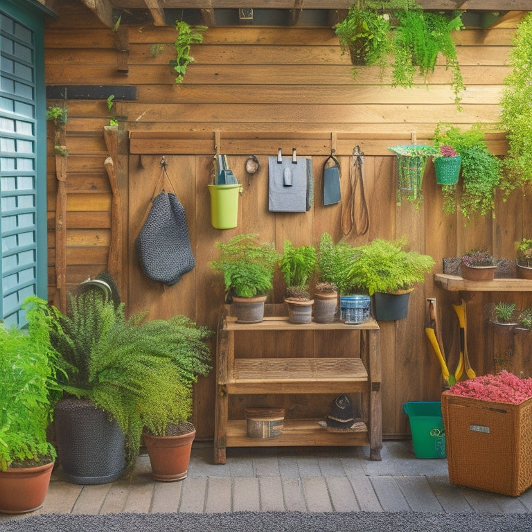 A serene, well-organized backyard shed with a slatted wooden wall, hooks holding neatly coiled hoses, and a pegboard displaying hung gardening tools, surrounded by lush greenery and a few potted plants.