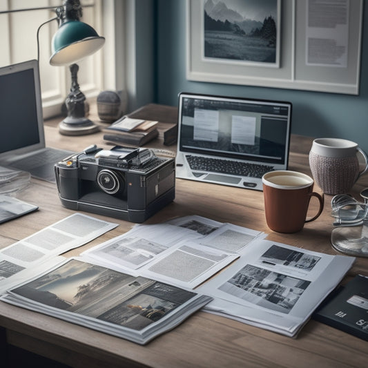 A stylized illustration of a cluttered desk with scattered newspapers, replaced by a single, sleek tablet with a tidy digital newspaper archive, surrounded by minimalist design elements.