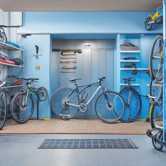 A clutter-free garage with stacked tires on a sleek, silver, wall-mounted rack, surrounded by bicycles, tools, and a sports car in the background, with a subtle grey and blue color scheme.