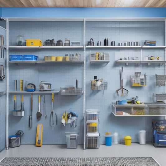 A clutter-free garage with a sleek, silver Pegboard covering an entire wall, holding various tools and accessories, alongside modular shelving units and a floor-to-ceiling storage system with transparent bins.