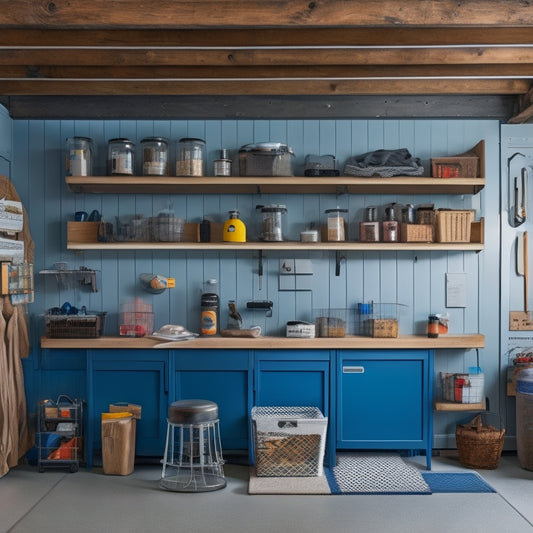 A clutter-free, well-lit tiny garage with a sleek, wall-mounted foldable workbench, baskets, and bins labeled with icons, a pegboard with hanging tools, and a compact storage loft above.