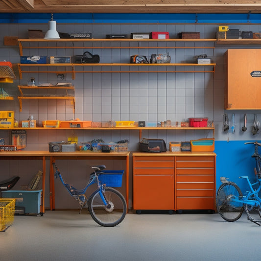 A cluttered garage transformed into a sleek, organized space with labeled bins, a pegboard for tools, a slatwall for bikes, and a workstation with a built-in vise and cabinets.