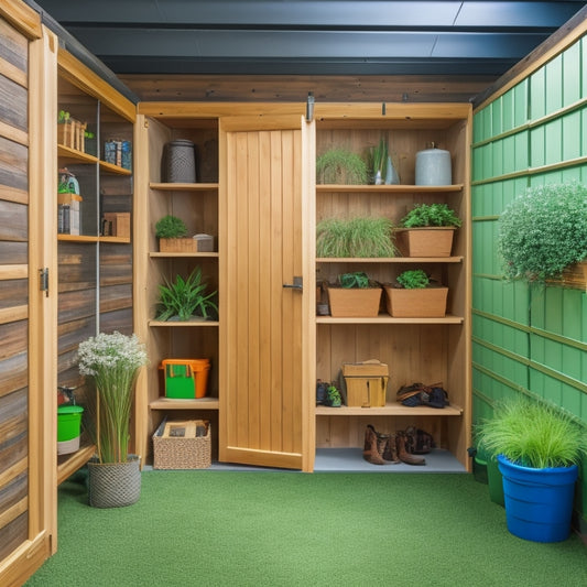 A tidy shed interior with lush green artificial turf flooring, surrounded by organized storage bins and shelves, and insulated walls with a warm, natural wood finish.