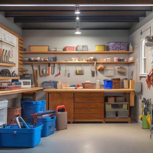 A well-lit, clutter-free garage interior with labeled bins, a pegboard with hooks, a workbench with neatly arranged tools, and a floor-to-ceiling shelving unit holding stacked storage containers.