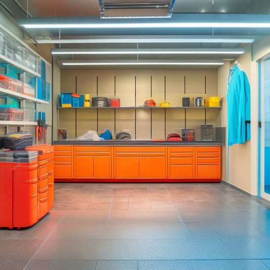 A well-organized garage interior with a sleek epoxy-coated floor, slatwall with neatly hung tools, and a few strategically placed storage bins, illuminated by natural light pouring in from a clear glass door.