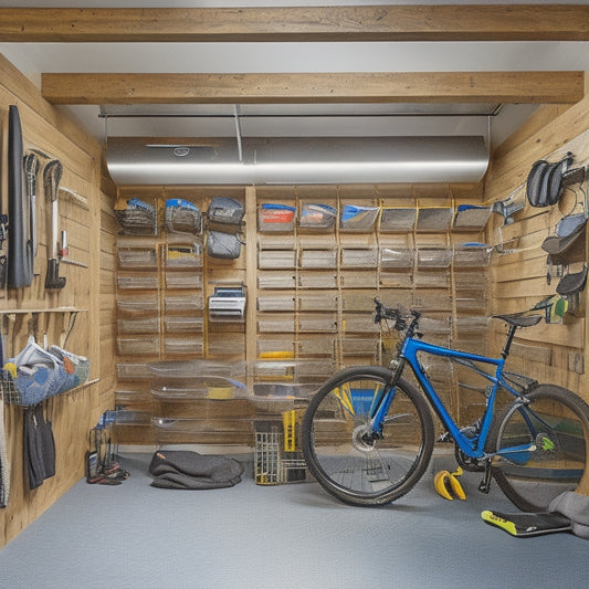 A well-organized garage with a mountain bike, kayak, and camping gear suspended from the ceiling, surrounded by labeled bins, hooks, and a pegboard with outdoor tools and accessories.