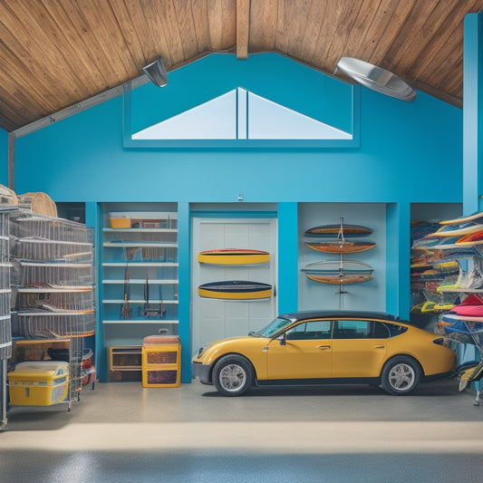 A clutter-free garage interior with three surfboards of varying sizes suspended horizontally from the ceiling using sturdy hooks and straps, surrounded by neatly organized storage bins and shelves.
