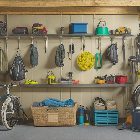 A well-organized garage with camping gear stored on wall-mounted racks, hooks, and bins, including a neatly coiled hose, a hung bike, and a few labeled containers on shelves.