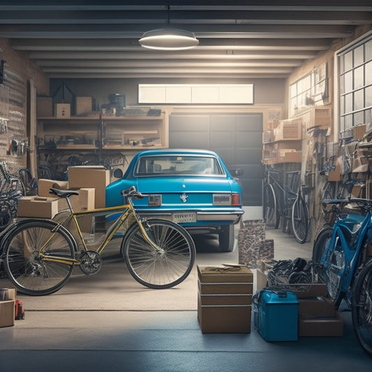 An illustration of a cluttered garage with a car parked outside, surrounded by boxes, bicycles, and tools, with a faint outline of a car shape in the empty garage space.