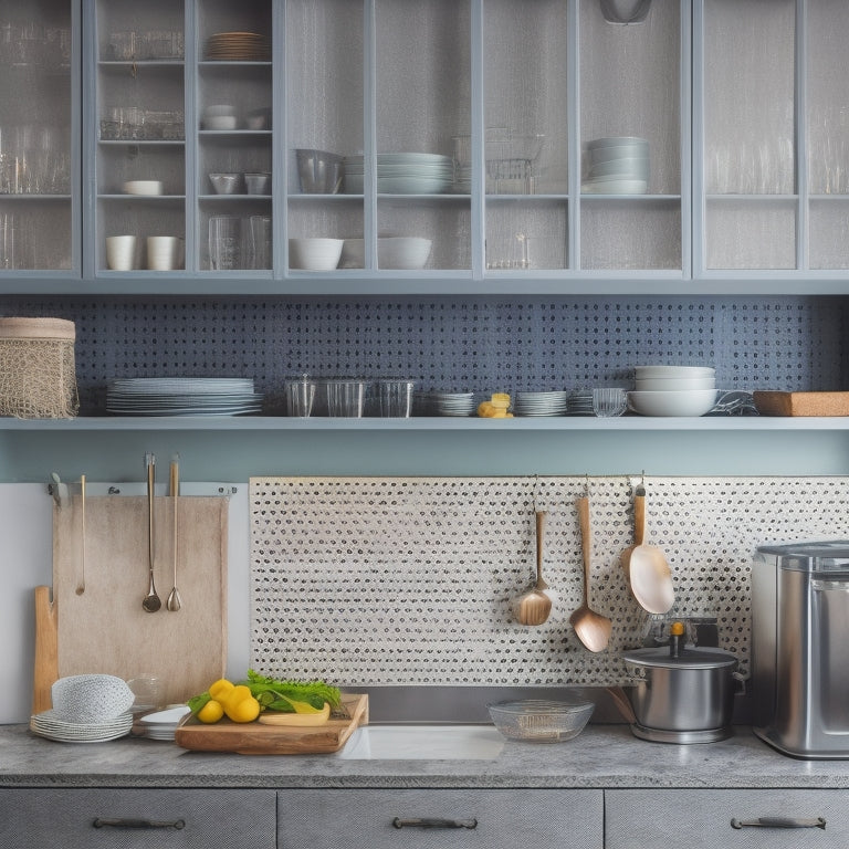 A modern kitchen with a mix of open and closed storage: a utensil organizer on the counter, a pegboard on the wall, and a cabinet with glass doors revealing stacked, mismatched dishes.